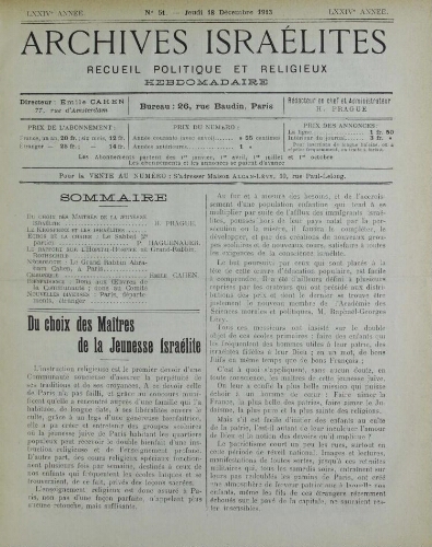 Archives israélites de France. Vol.74 N°51 (18 déc. 1913)